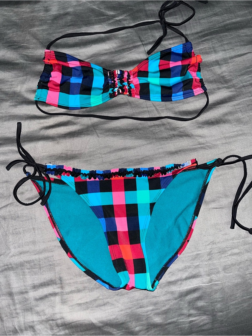 Xhilaration Plaid Bandeau Bikini Top and Tie-Side Bottoms in Aqua, Pink, Black